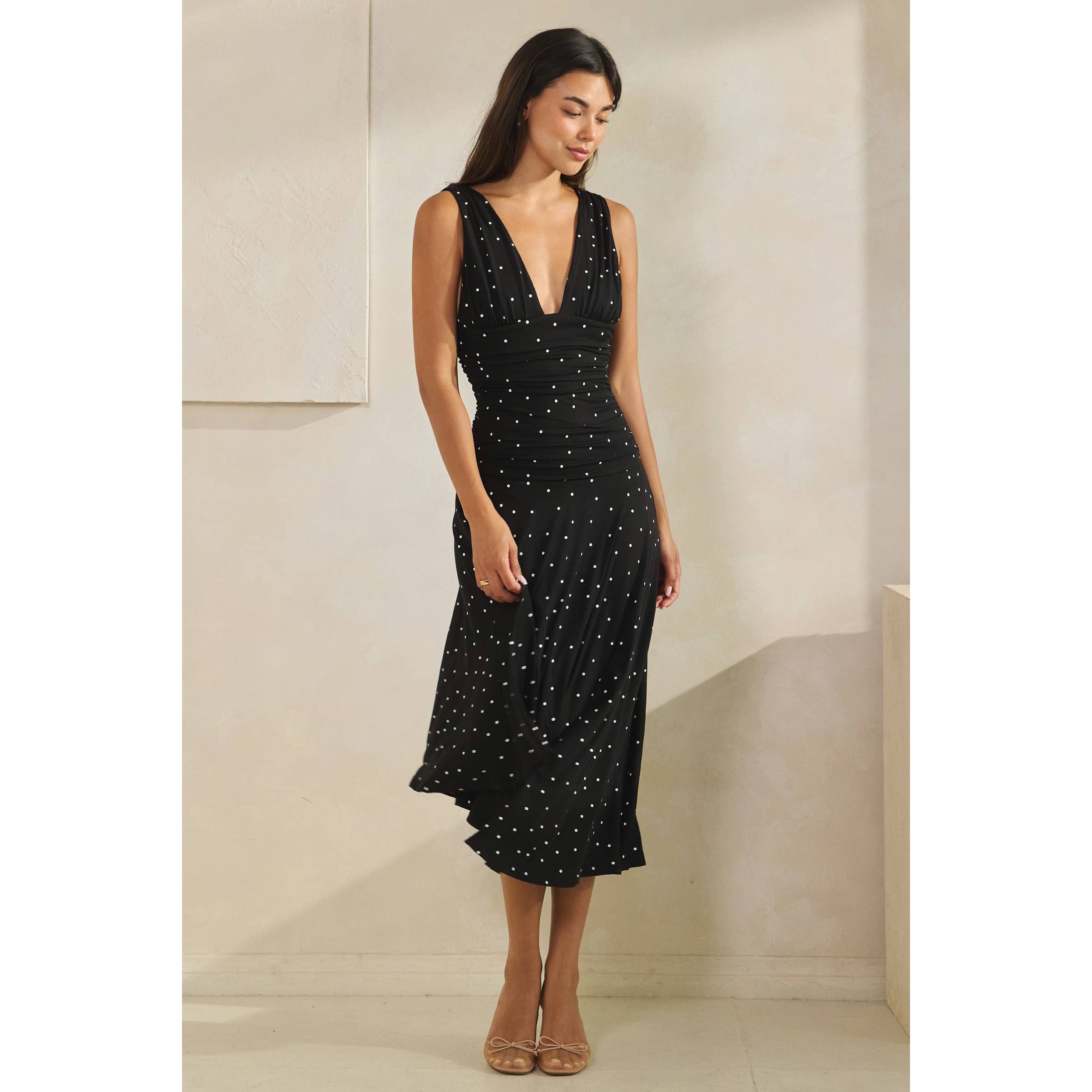 Polka Dot Ruched Asymmetrical Dress