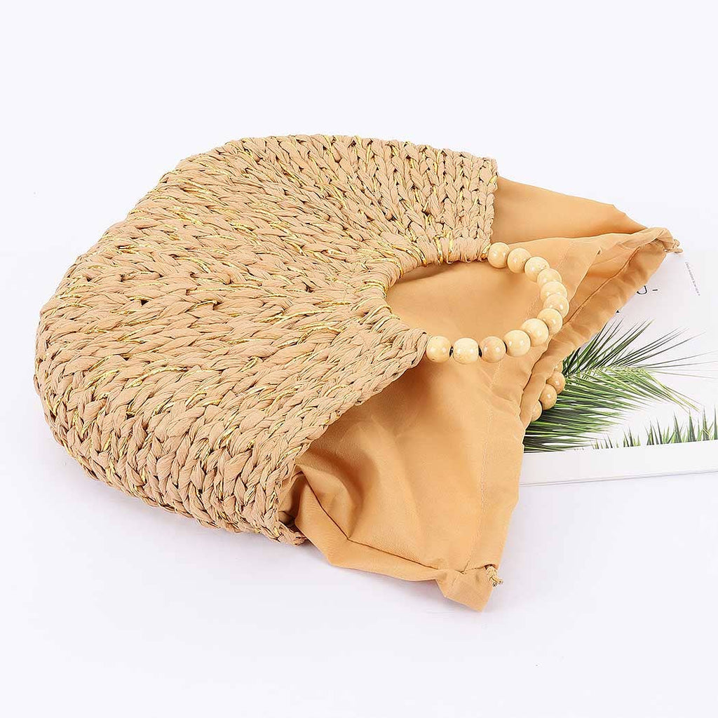 Handmade Faux Straw  Wood Beads Handle Tote Bag