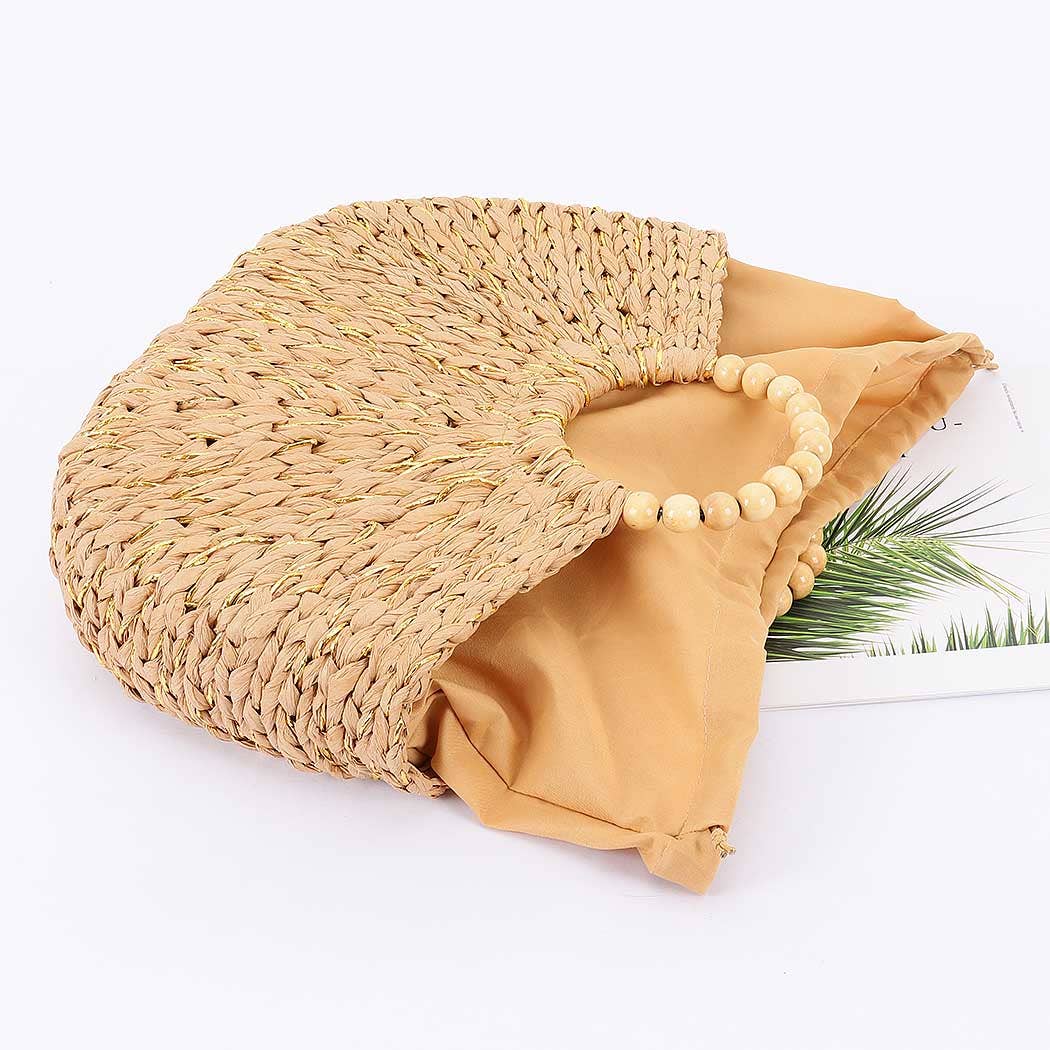Handmade Faux Straw  Wood Beads Handle Tote Bag