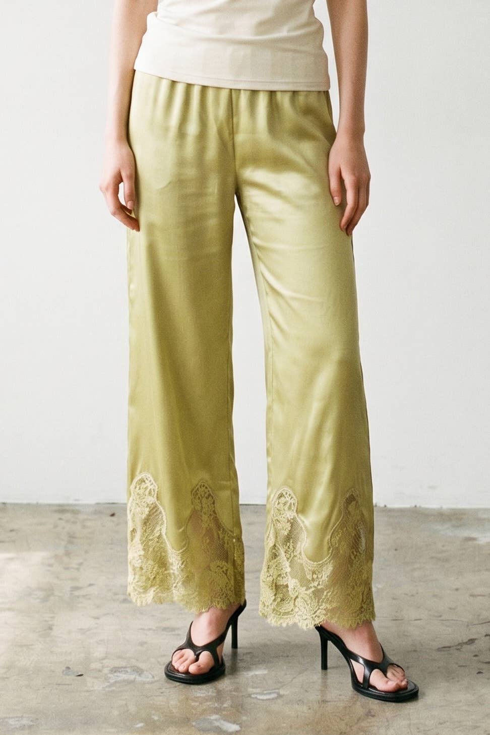 Satin Lace Trim Cropped Pants