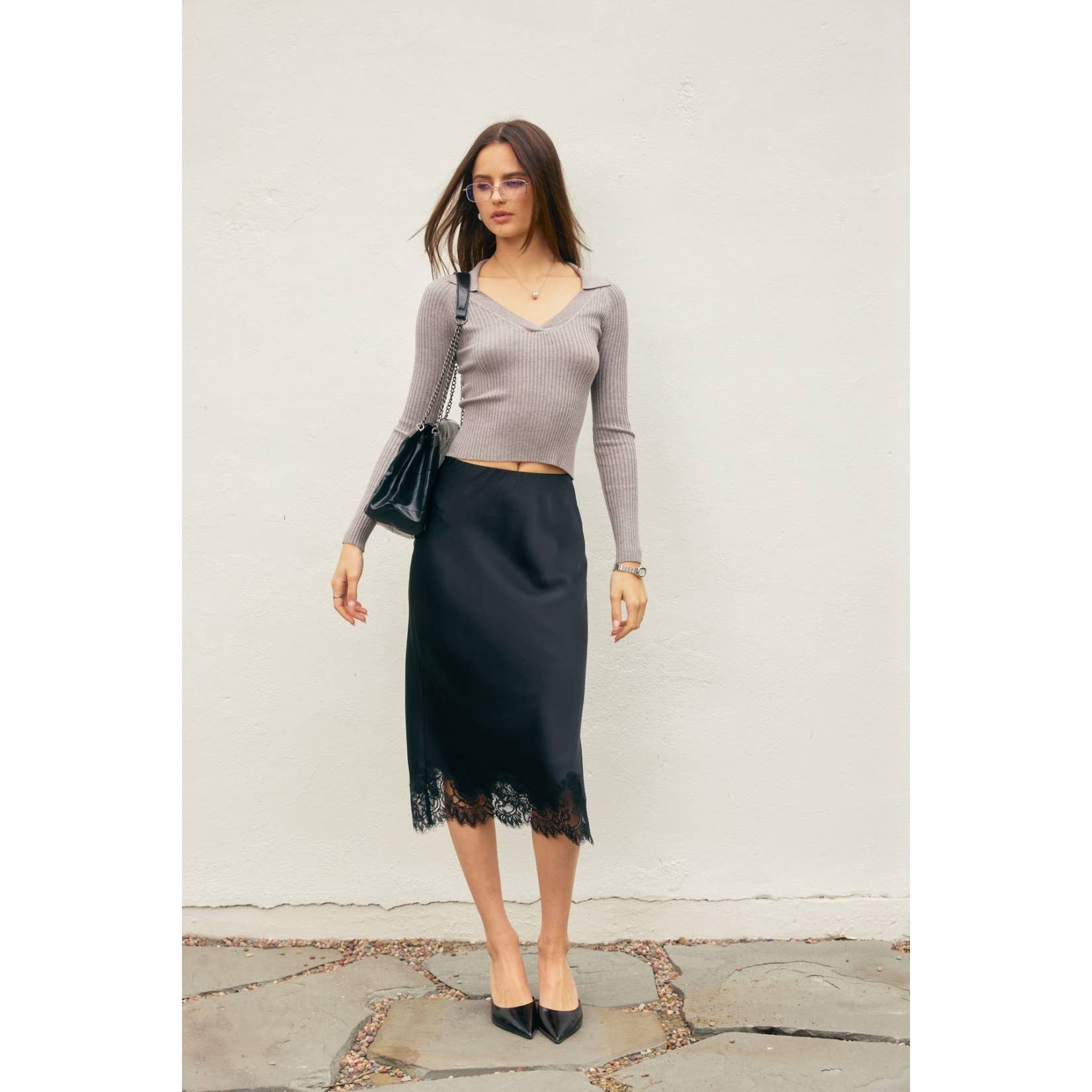 Satin Lace Hem Pencil Skirt