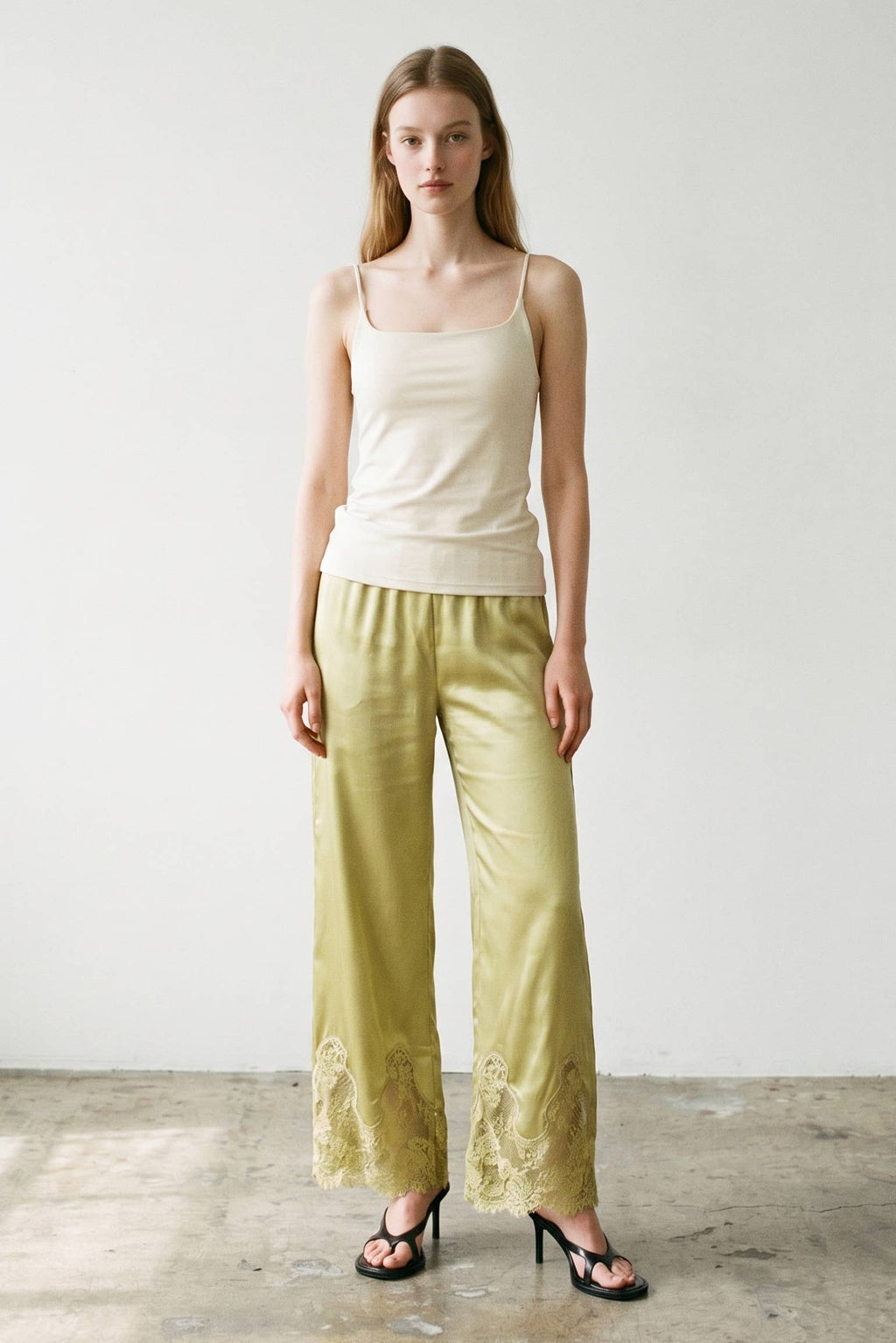 Satin Lace Trim Cropped Pants