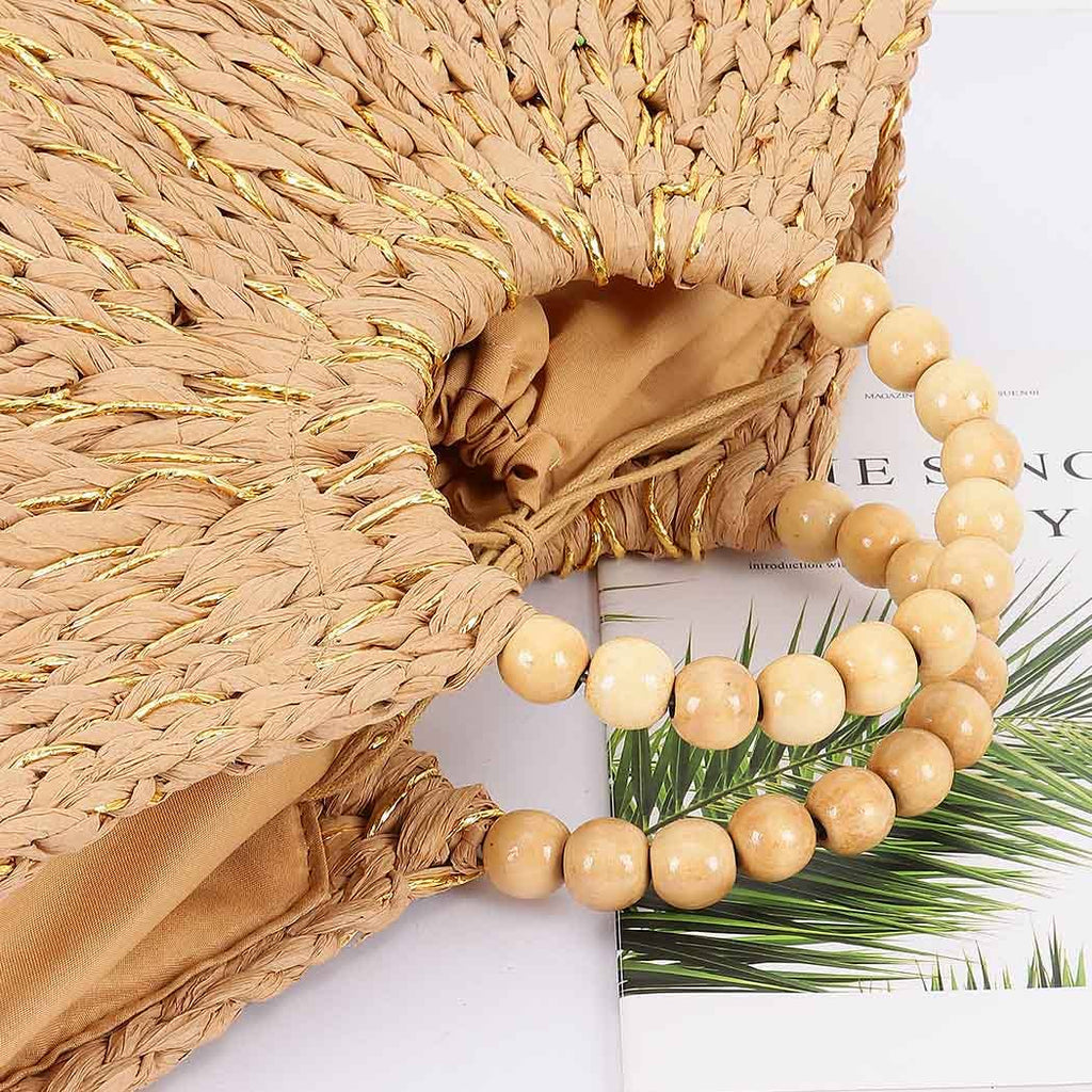 Handmade Faux Straw  Wood Beads Handle Tote Bag