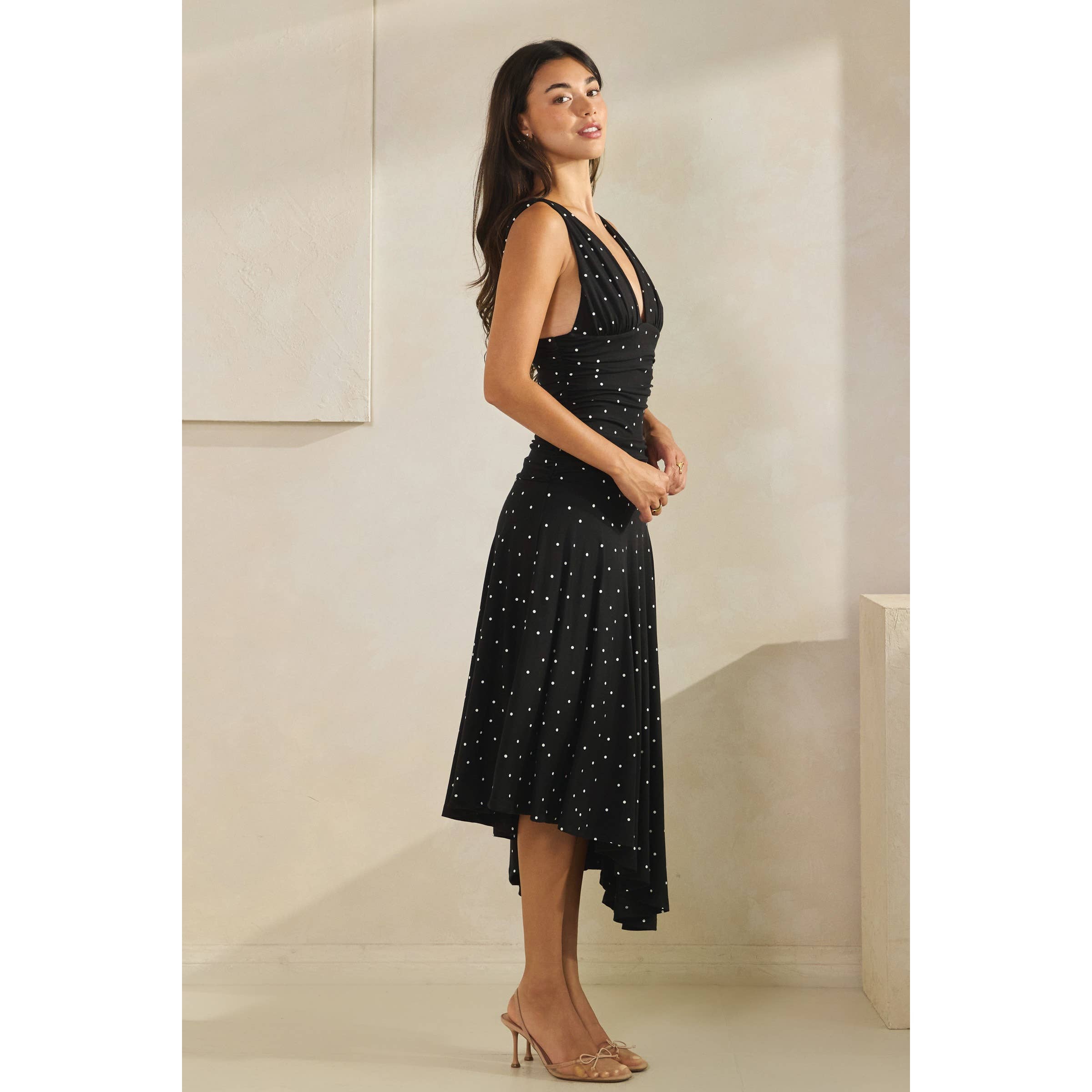 Polka Dot Ruched Asymmetrical Dress