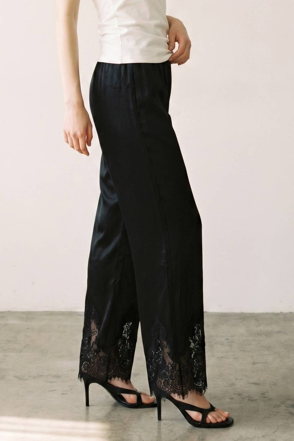 Satin Lace Trim Cropped Pants