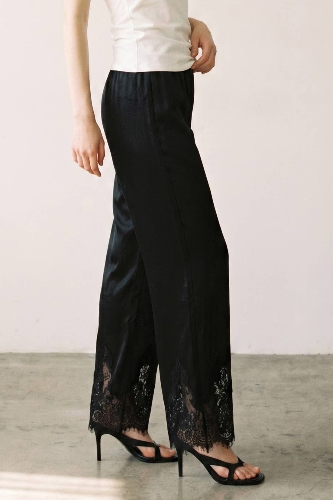 Satin Lace Trim Cropped Pants