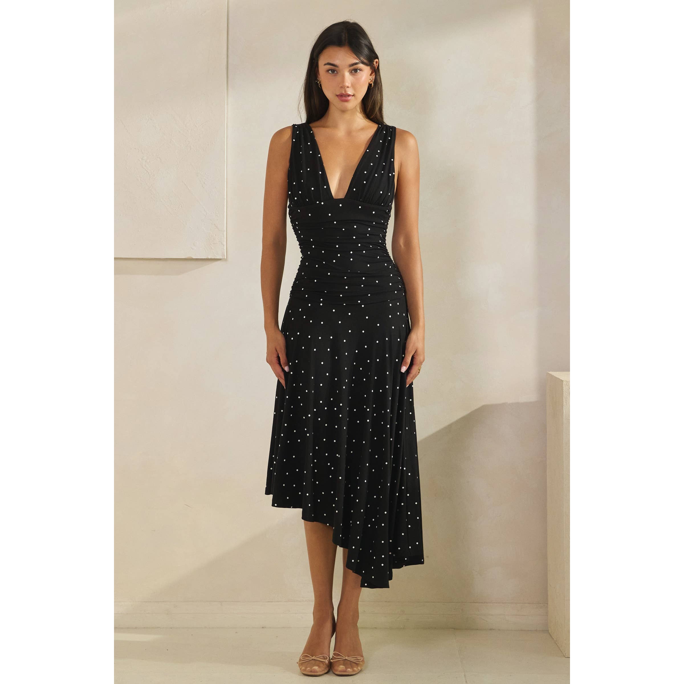 Polka Dot Ruched Asymmetrical Dress