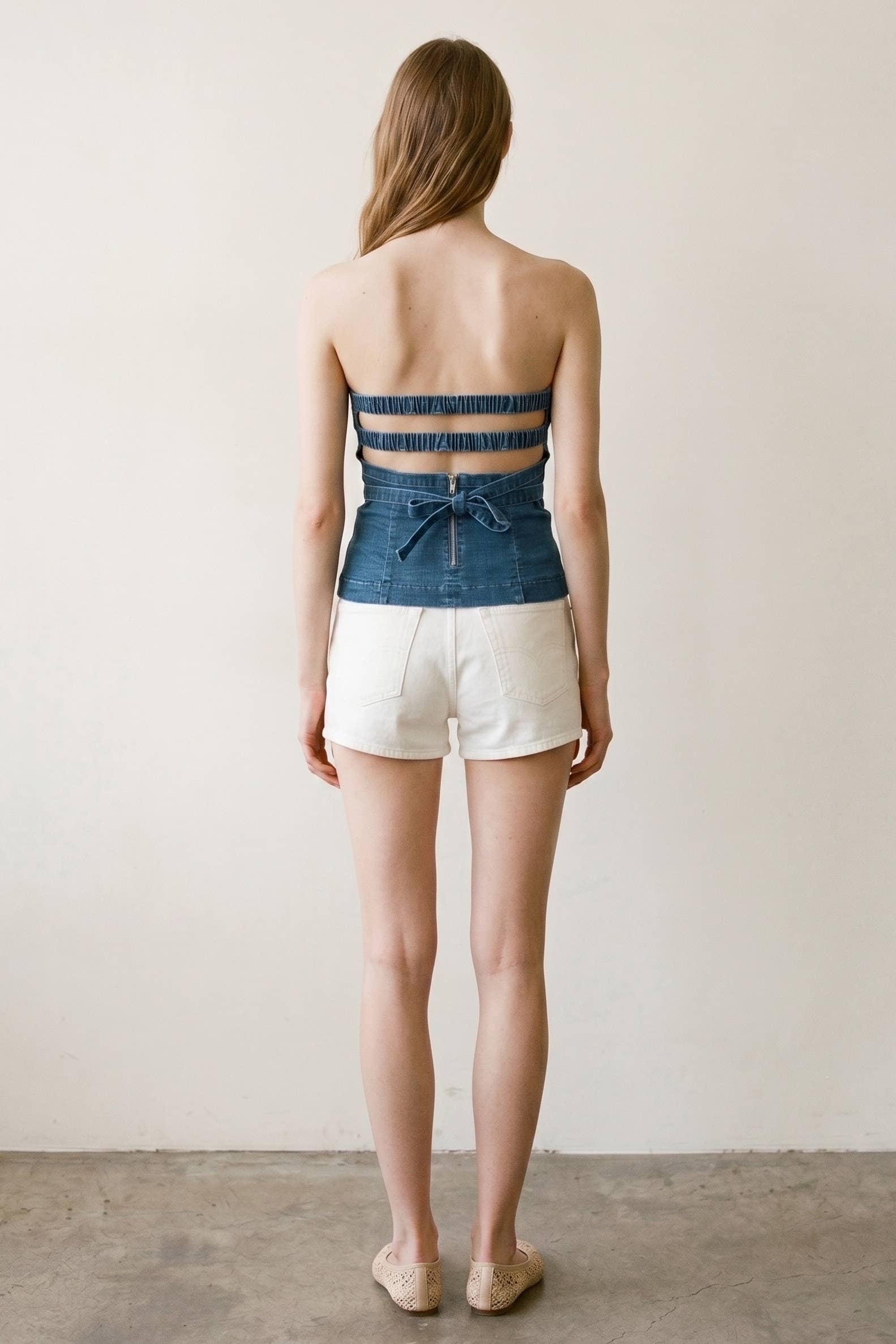 Strapless Lace-Up Back Denim Top