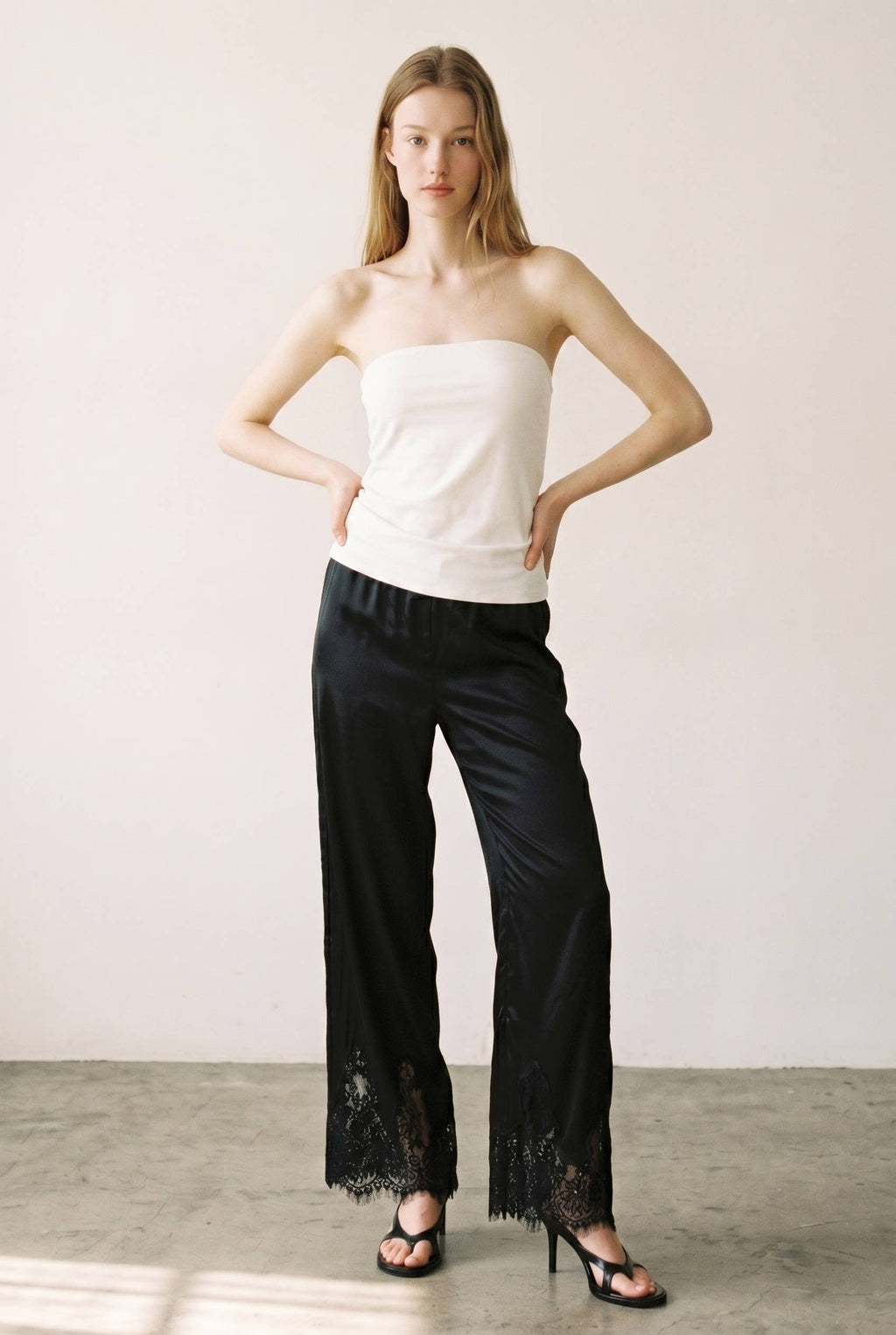 Satin Lace Trim Cropped Pants