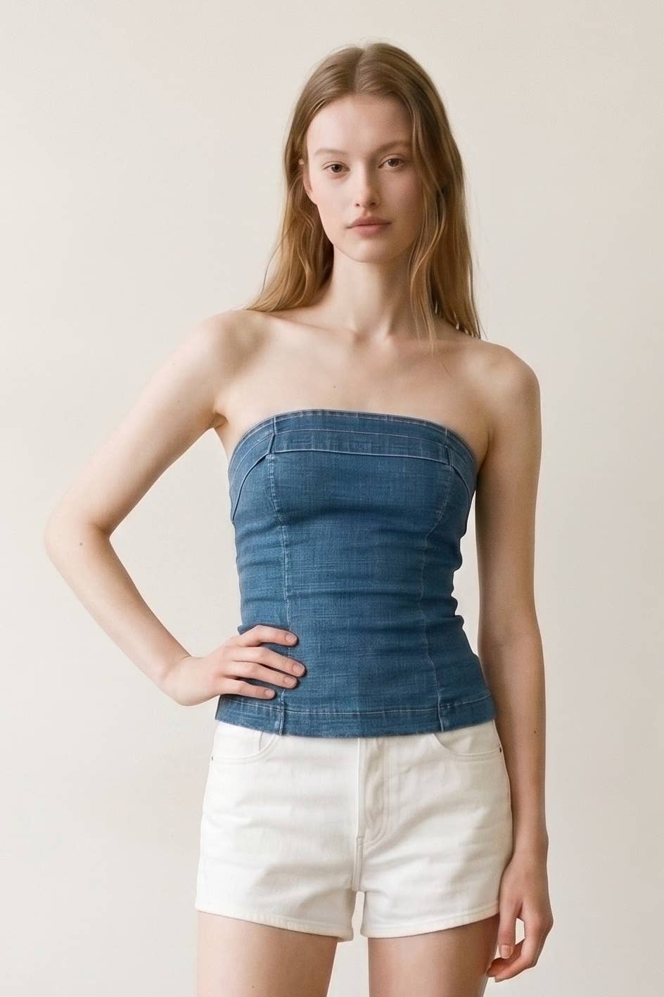 Strapless Lace-Up Back Denim Top