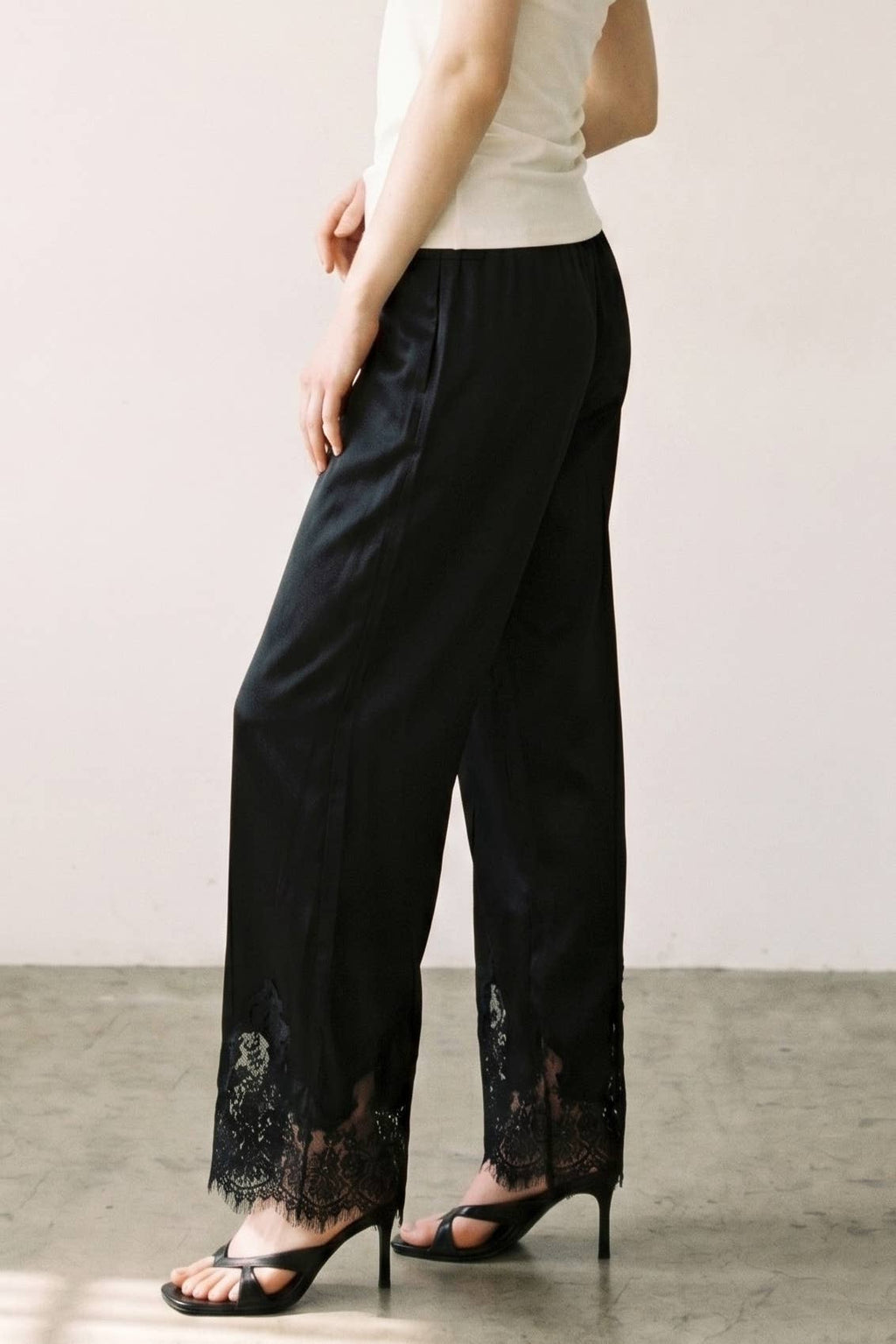 Satin Lace Trim Cropped Pants