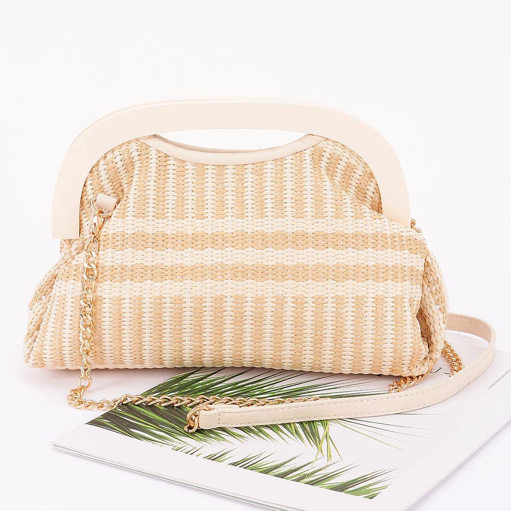 Faux Straw Wood Frame Handle Bag