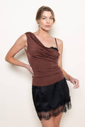 ONE SHOULDER DRAPE SLEEVELESS MESH BRA TOP-TI6581AFO