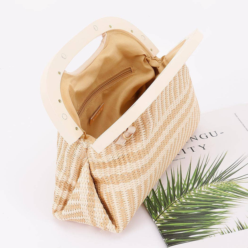 Faux Straw Wood Frame Handle Bag
