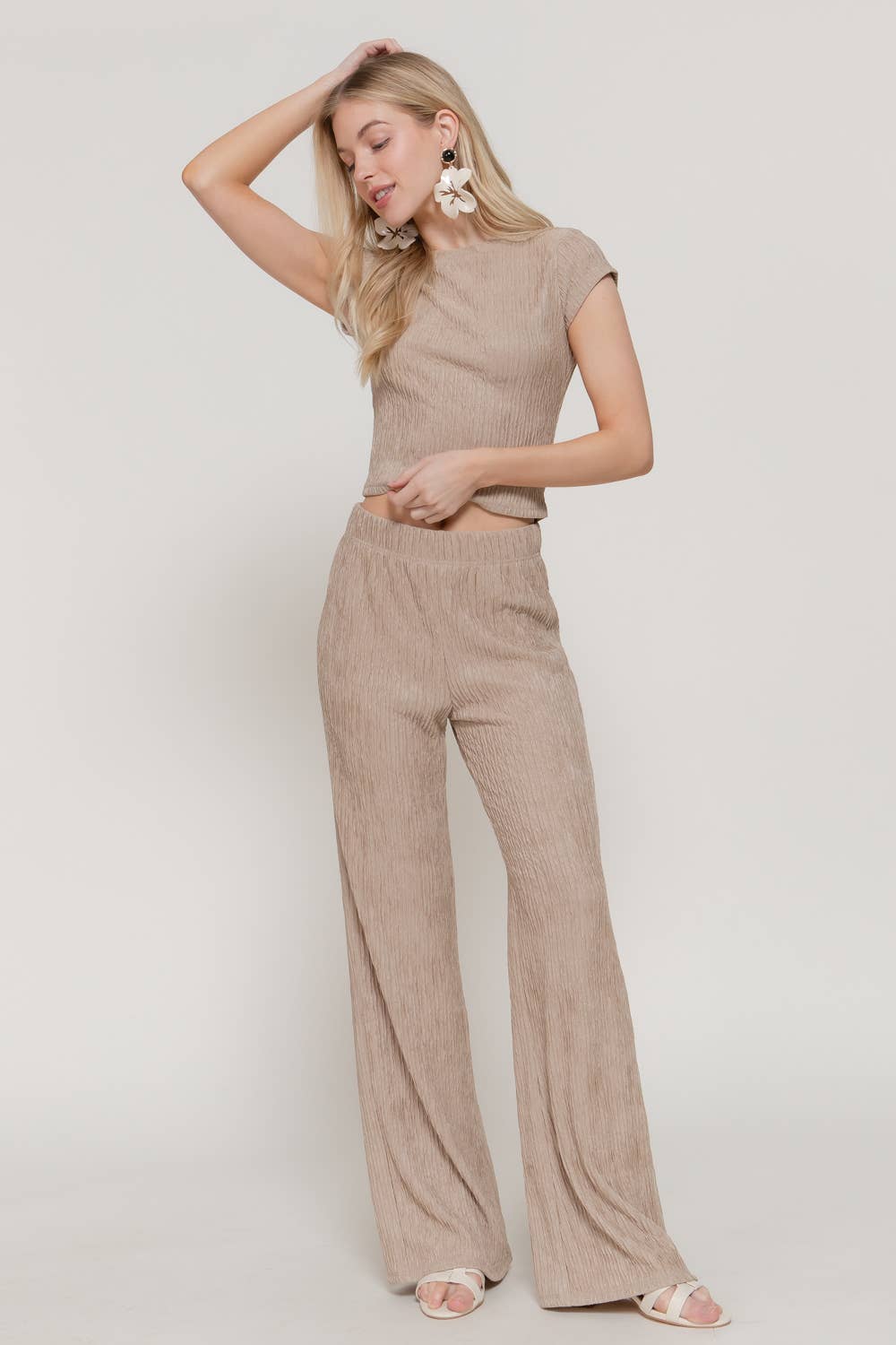 Short Sleeve Crew Neck Top & Waist Band Flare Pants Set