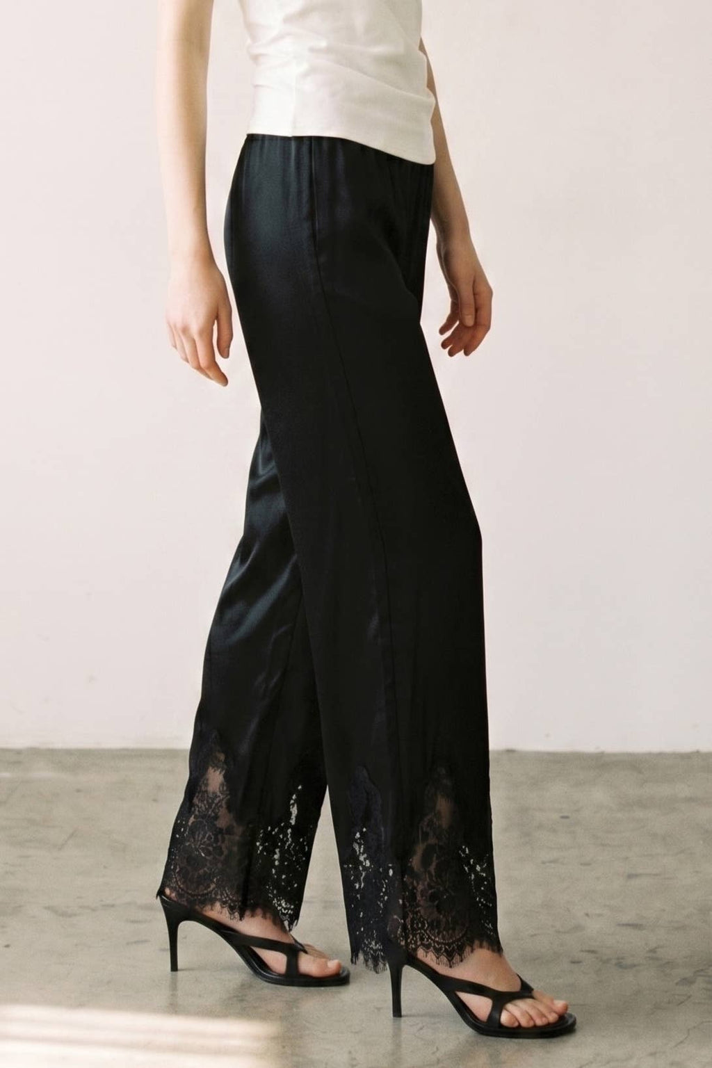 Satin Lace Trim Cropped Pants
