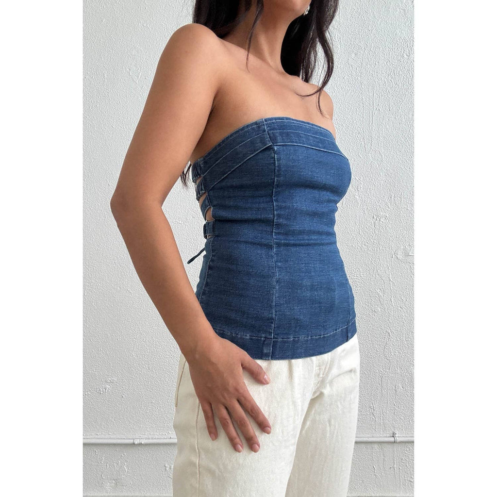 Strapless Lace-Up Back Denim Top